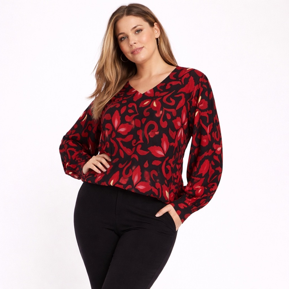 Karen Kane V-Neck Blouson Top Red Black‎ Floral | Size 1X Lined Blouson Sleeves
